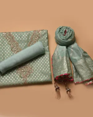 Sea Green Chanderi Woven With Hand Embroidered Unstitched Suit Fabric Set With Chanderi Woven Dupatta