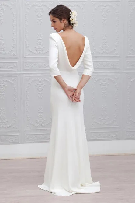 Sheath Bateau Backless 3/4 Sleeves Sweep Train Beach Wedding Dress OHD054