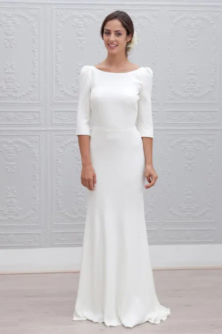 Sheath Bateau Backless 3/4 Sleeves Sweep Train Beach Wedding Dress OHD054