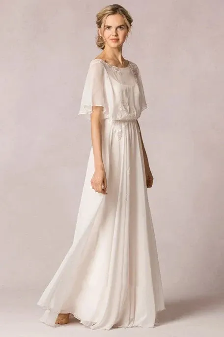 Sheath Scoop-Neck Floor-Length Poet-Sleeve Appliqued Chiffon Wedding Dress With Pleats