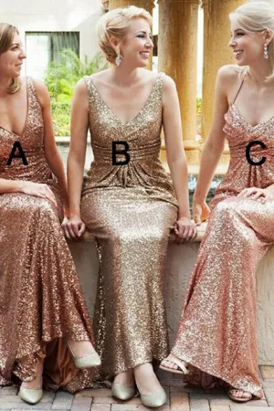 Sheath V-Neck Backless Champagne Sequined Bridesmaid Dress with Ruched OHS030