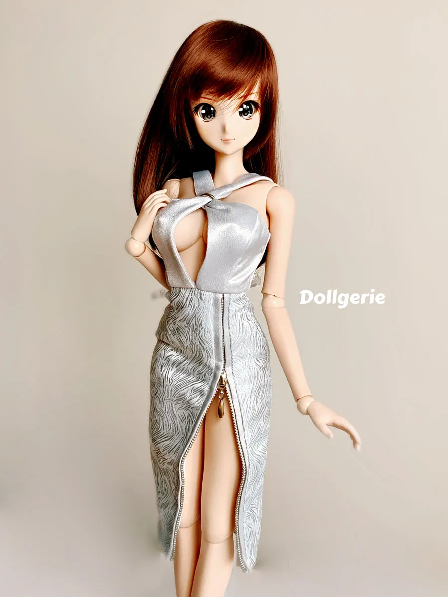 Silver Sequin Open Chest Midi Cocktail Dress