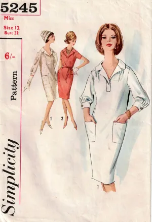 Simplicity 5245 Womens Slim Dress with Tab Front & Collar 1960s Vintage Sewing Pattern Size 12 Bust 32 inches