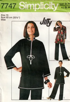 Simplicity 7747 Womens JIFFY Pullover Top & Pants 1970s Vintage Sewing Pattern Size 10 Bust 32.5 Inches