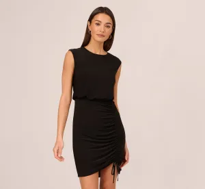 Sleeveless Blouson Dress With Shirred Skirt In Black