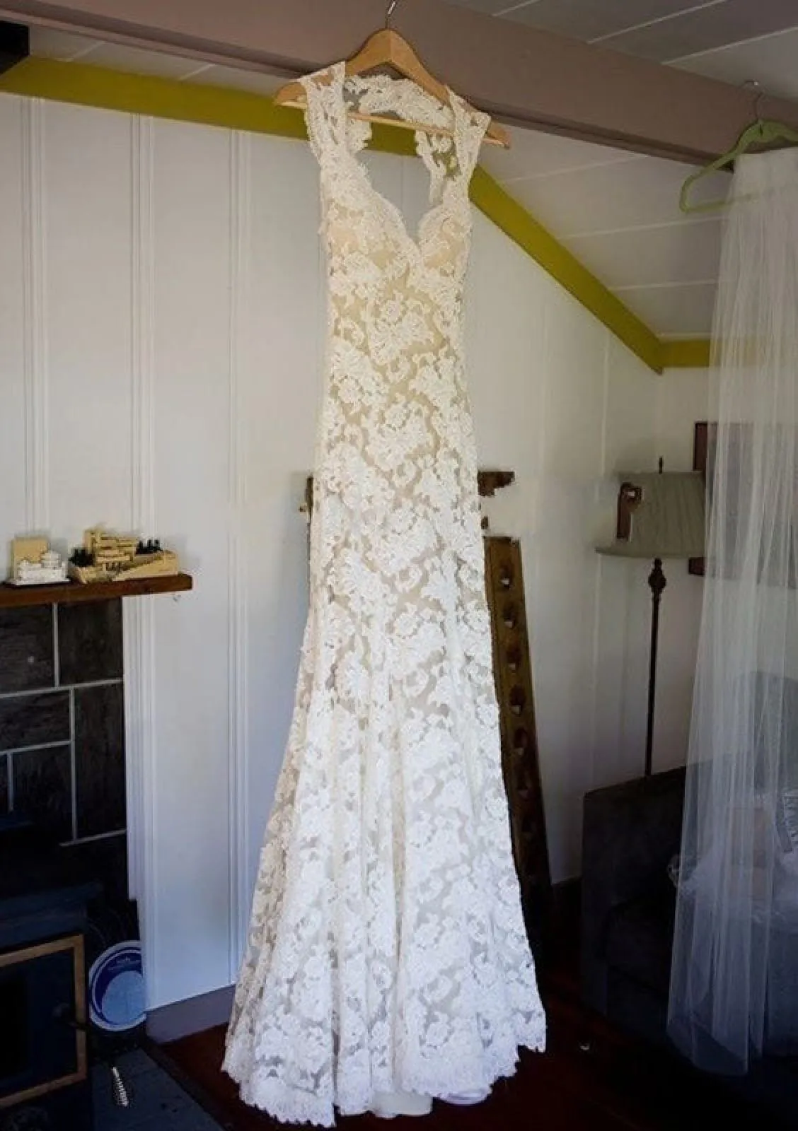 Sleeveless Keyhole Sweep Champagne Lace Column Wedding Dress, Sash