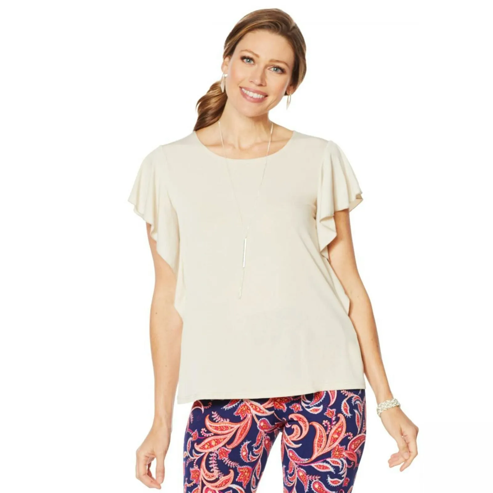 Slinky Brand Women's 2 Pack Cascade Ruffle Tunic Shirt Top Sand / Navy Small