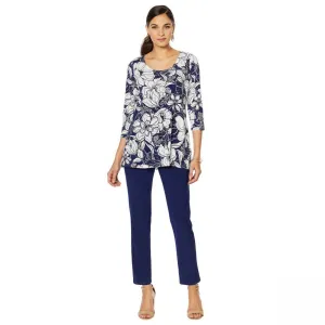 Slinky Brand Women's Border Print Long Tunic And Skinny Pant Set