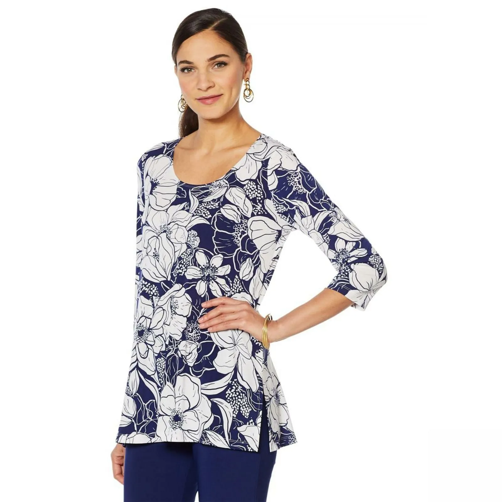 Slinky Brand Women's Border Print Long Tunic And Skinny Pant Set