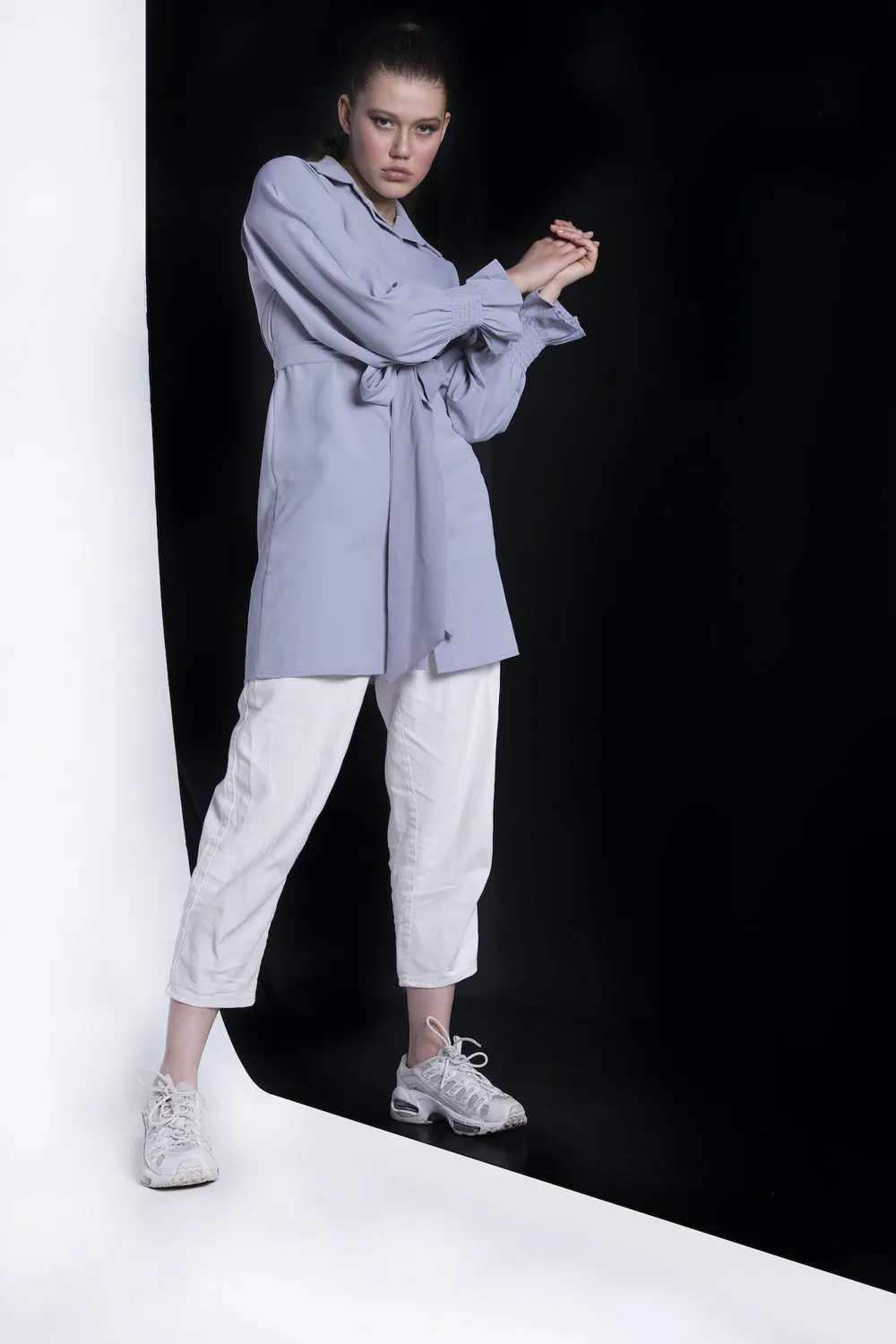 Smocked-Sleeves Short Modest Top | Grey
