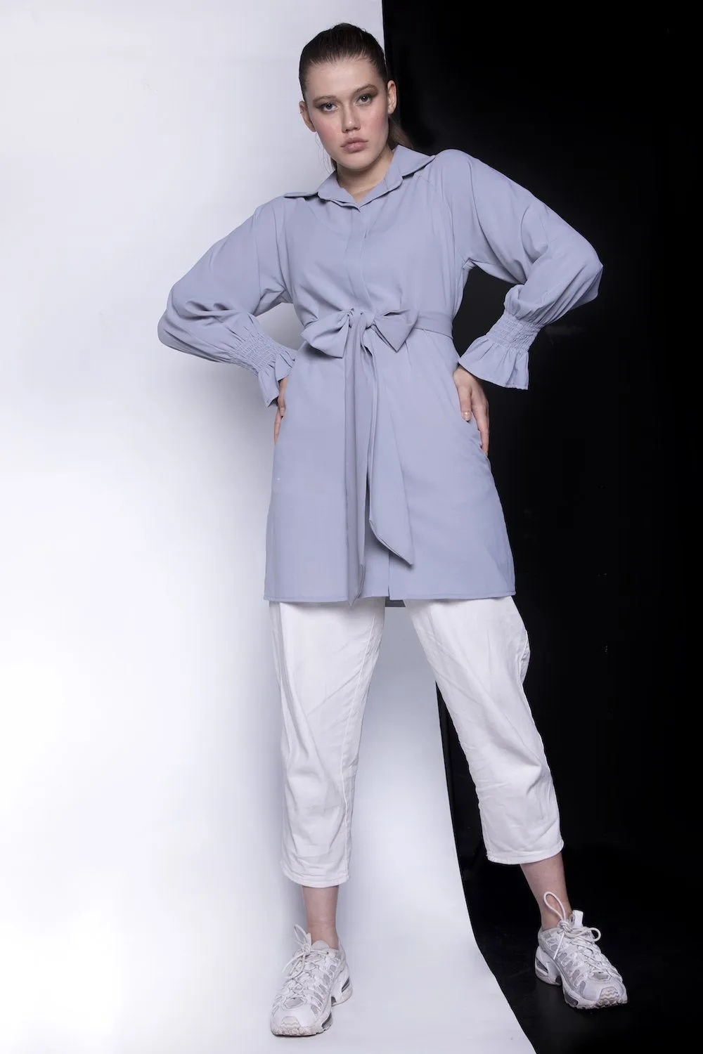 Smocked-Sleeves Short Modest Top | Grey