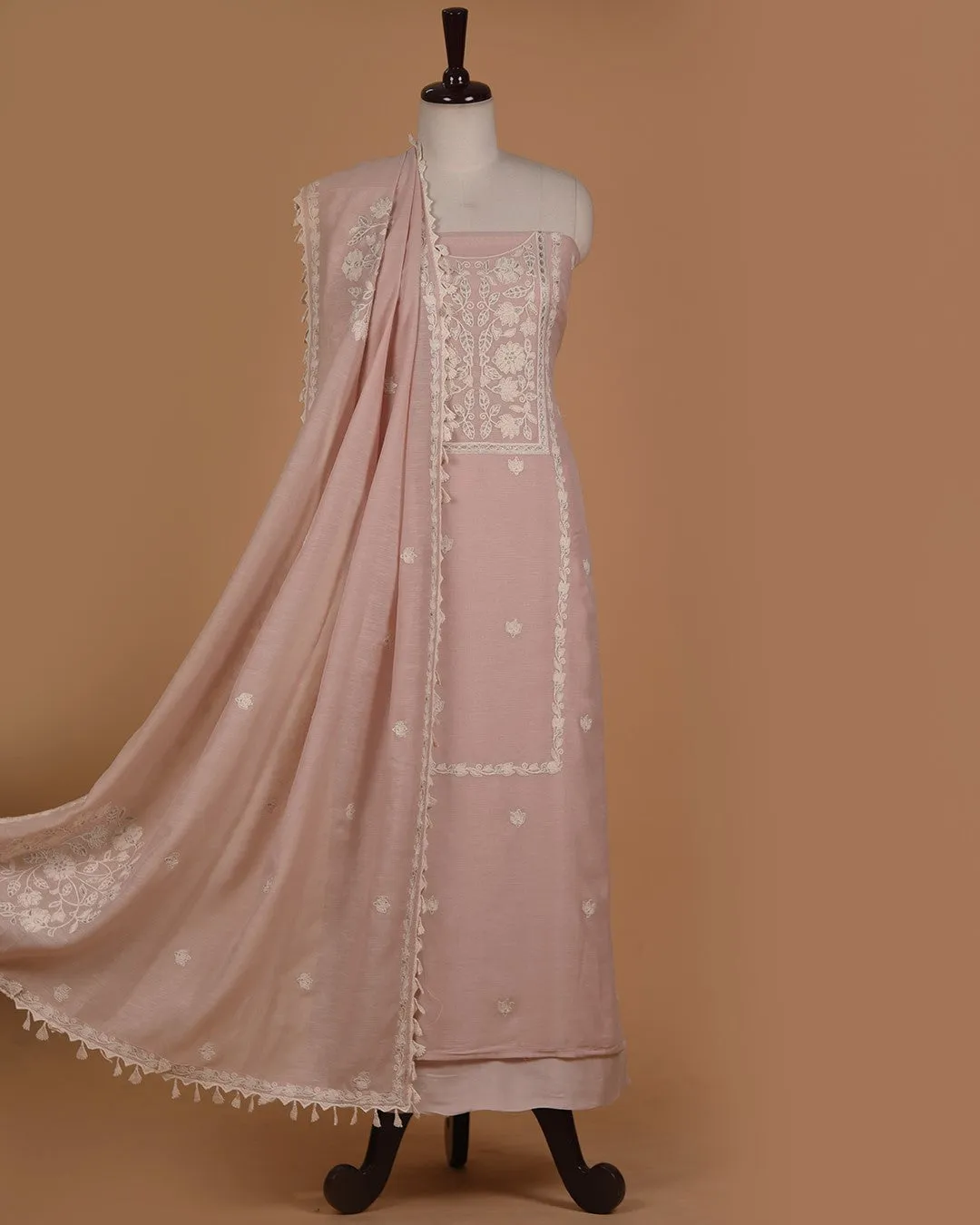 Soft Pink Linen Blend Embroidered Unstitched Suit Fabric Set With Linen Embroidered Dupatta