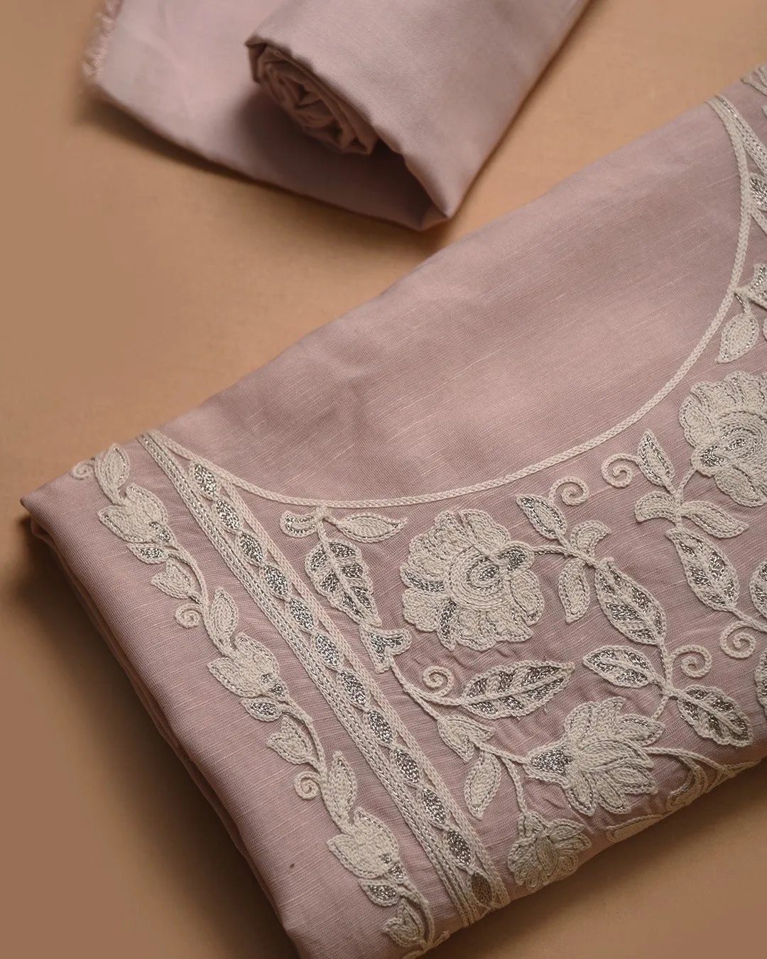 Soft Pink Linen Blend Embroidered Unstitched Suit Fabric Set With Linen Embroidered Dupatta