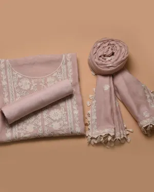 Soft Pink Linen Blend Embroidered Unstitched Suit Fabric Set With Linen Embroidered Dupatta