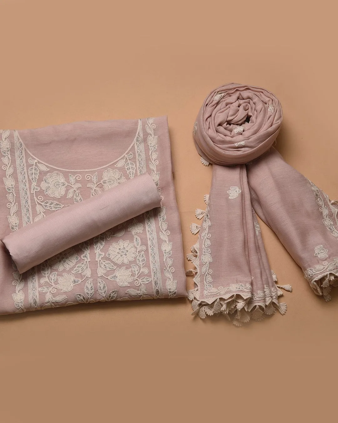 Soft Pink Linen Blend Embroidered Unstitched Suit Fabric Set With Linen Embroidered Dupatta