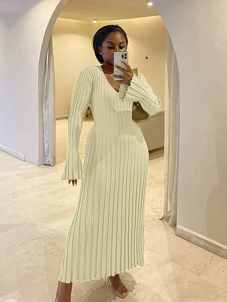 Solid Knitted Long Dress Elegant Pleated Dress
