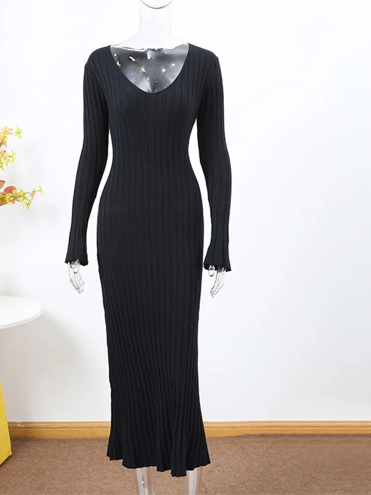 Solid Knitted Long Dress Elegant Pleated Dress