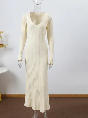 Solid Knitted Long Dress Elegant Pleated Dress