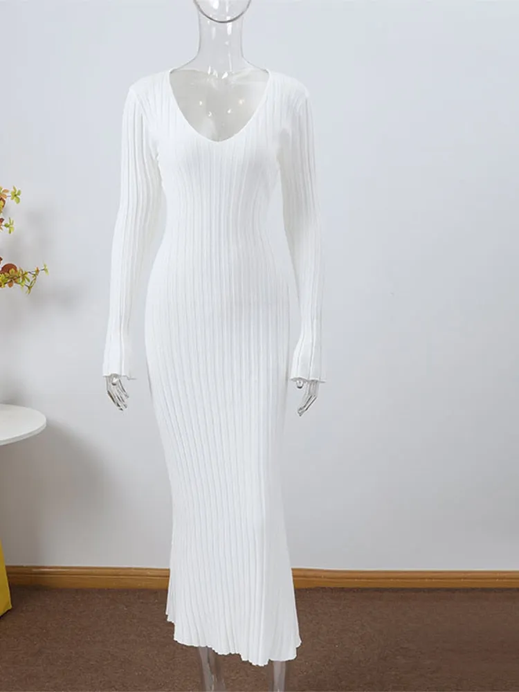 Solid Knitted Long Dress Elegant Pleated Dress