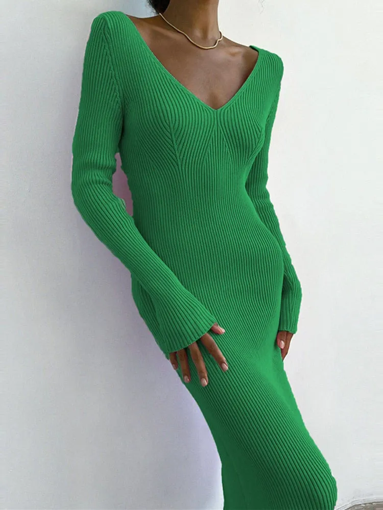Solid Knitted Long Dress Elegant Pleated Dress
