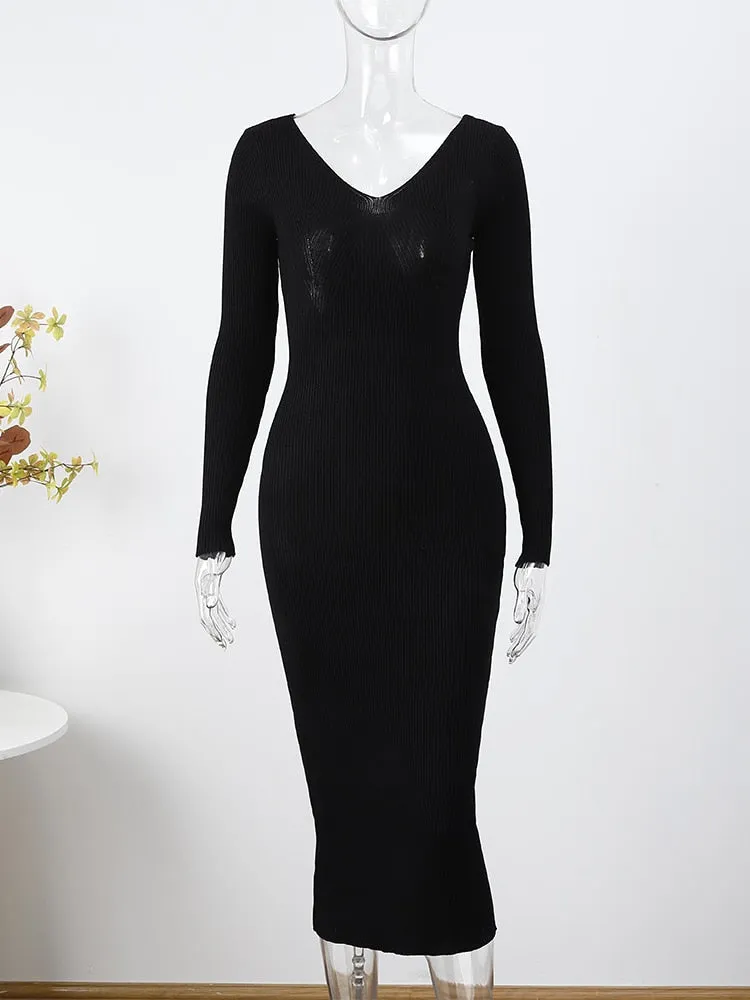 Solid Knitted Long Dress Elegant Pleated Dress