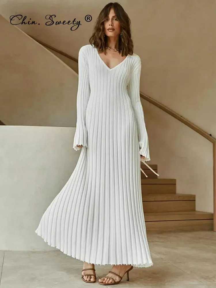 Solid Knitted Long Dress Elegant Pleated Dress