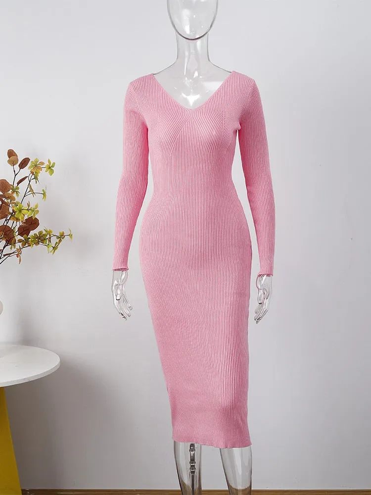 Solid Knitted Long Dress Elegant Pleated Dress