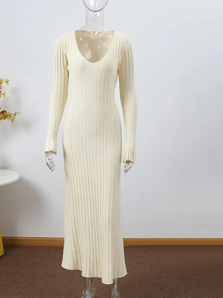 Solid Knitted Long Dress Elegant Pleated Dress