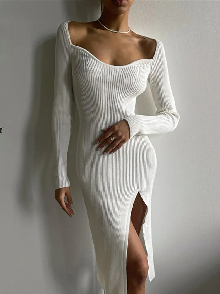 Solid Knitted Long Dress Elegant Pleated Dress