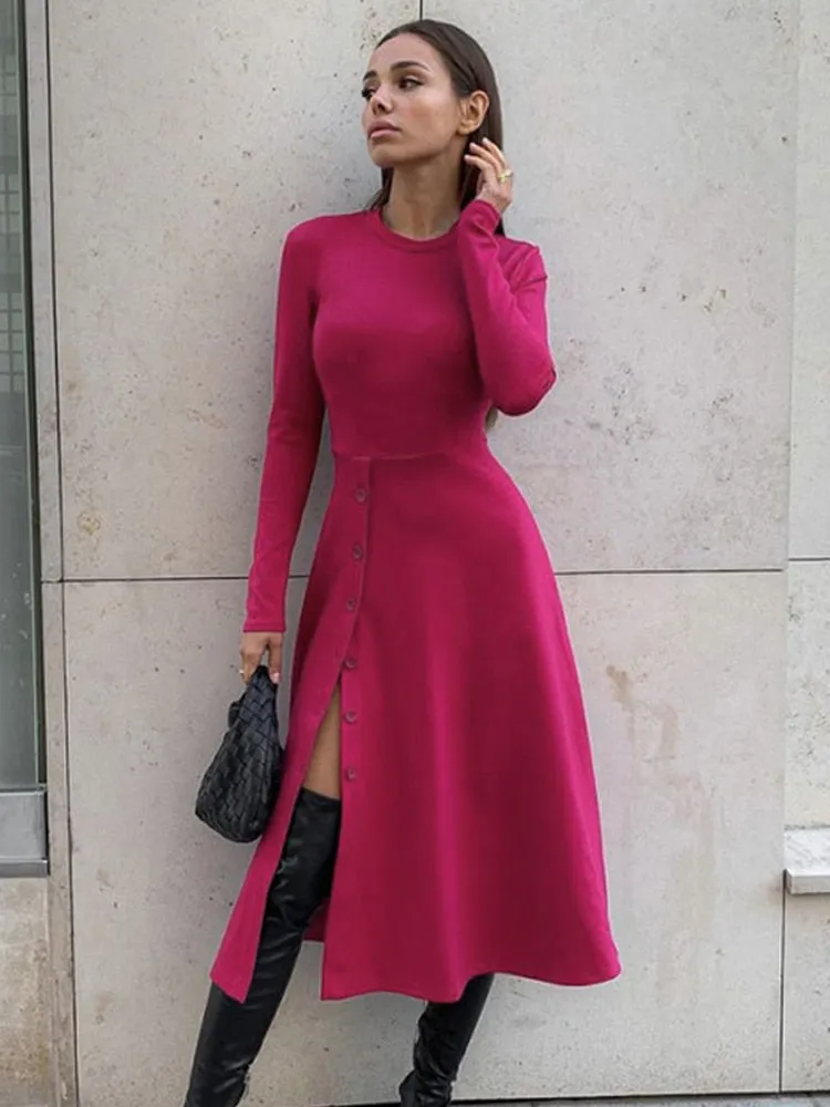 Solid Knitted Long Dress Elegant Pleated Dress