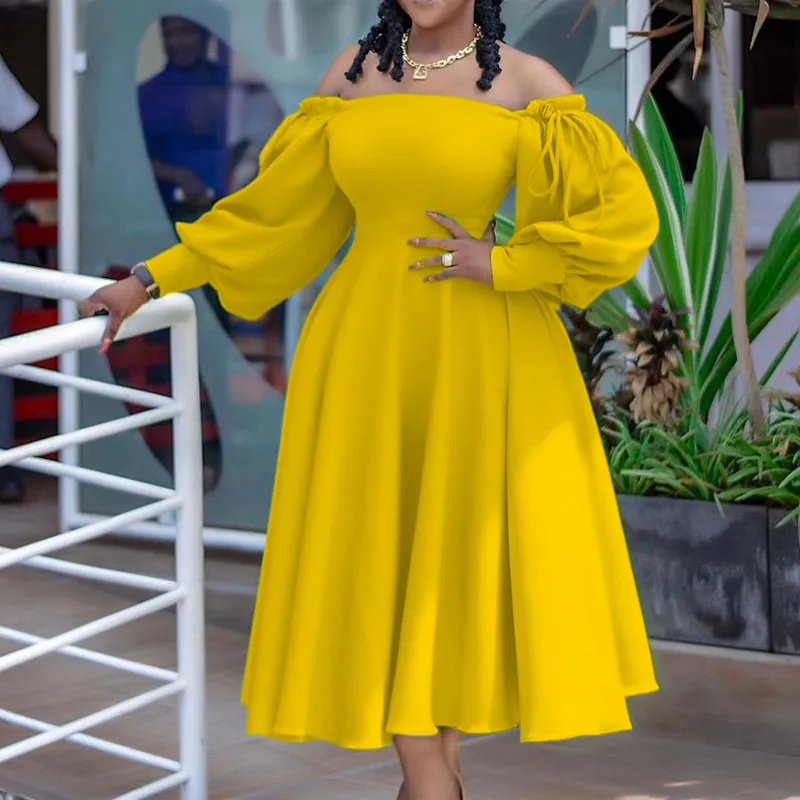 Solid Off Shoulder Lantern Sleeve Pleated Dress