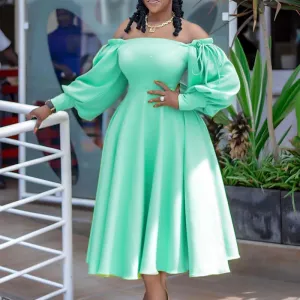 Solid Off Shoulder Lantern Sleeve Pleated Dress