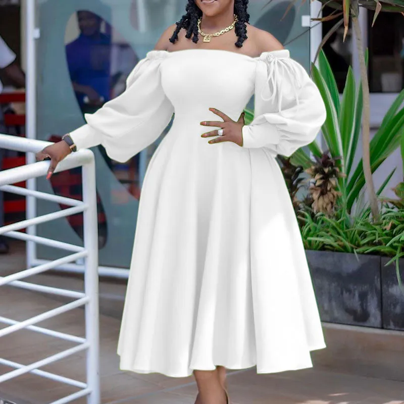 Solid Off Shoulder Lantern Sleeve Pleated Dress
