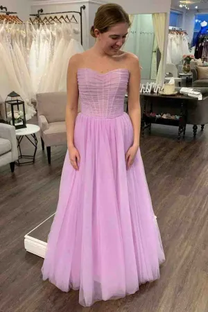 Strapless Lilac Pleated Top Tulle Long Prom Dress
