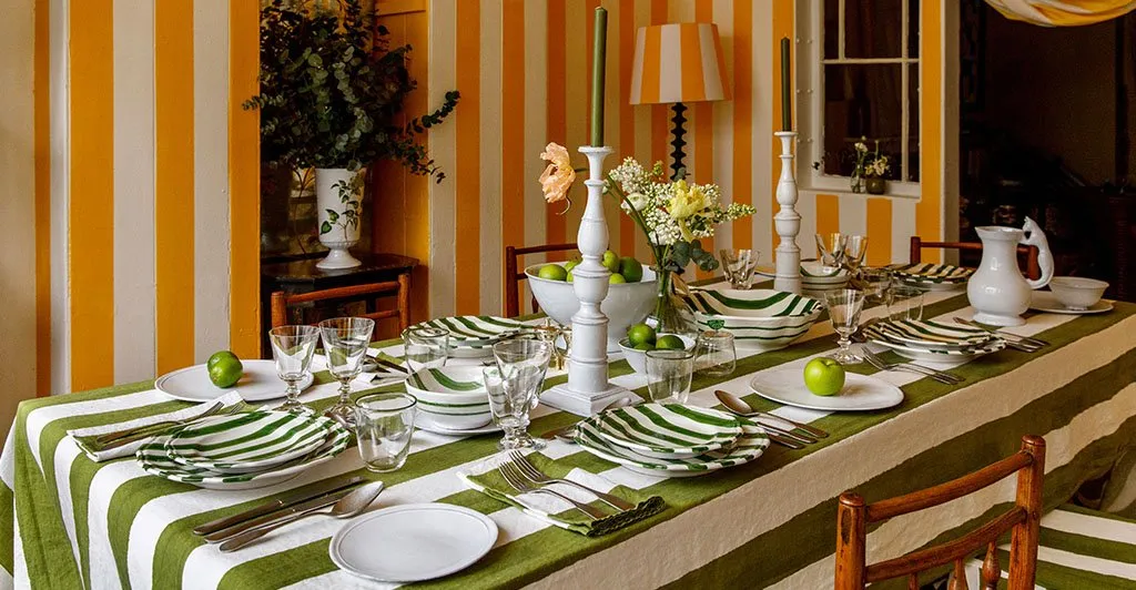 Stripe Linen in Avocado Green Tablecloth by Summerill & Bishop