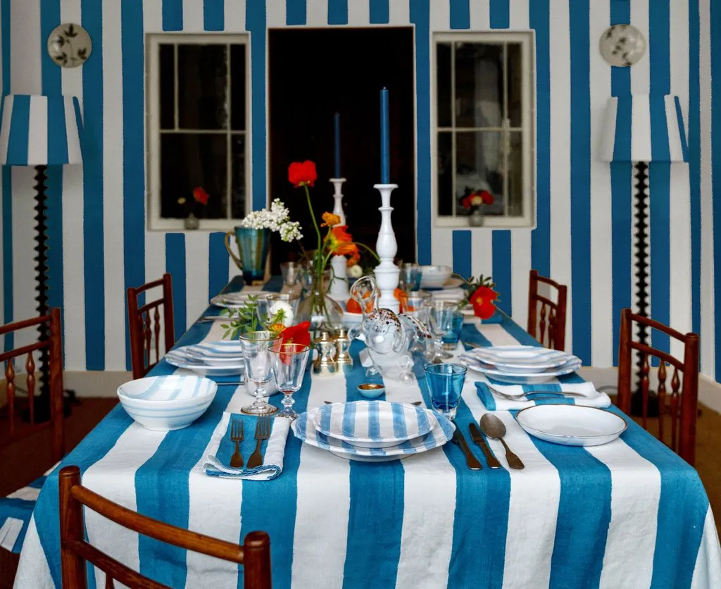 Stripe Linen in Sky Blue Tablecloth by Summerill & Bishop