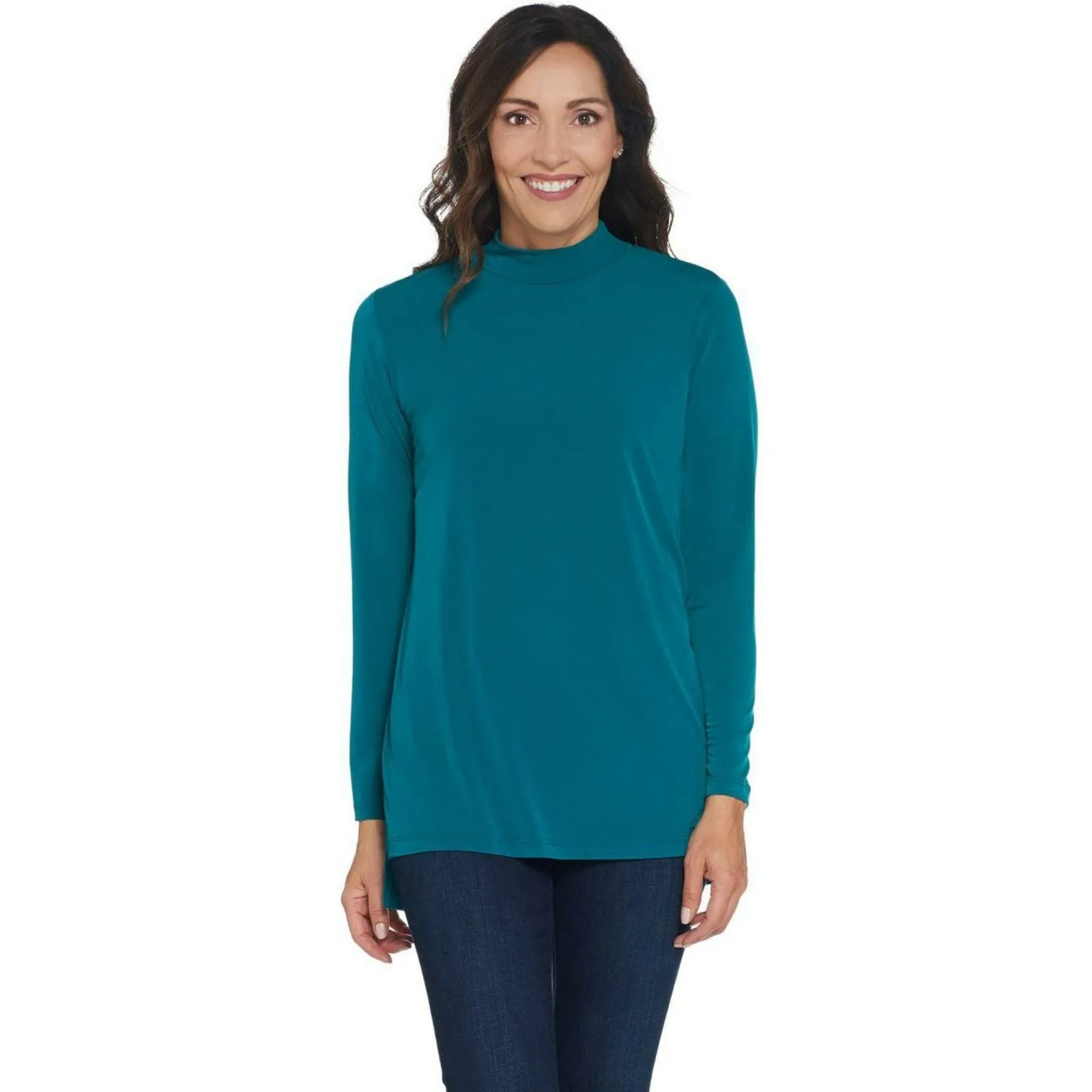 Susan Graver Modern Essentials Liquid Knit Mock Neck Tunic Top Teal XXS