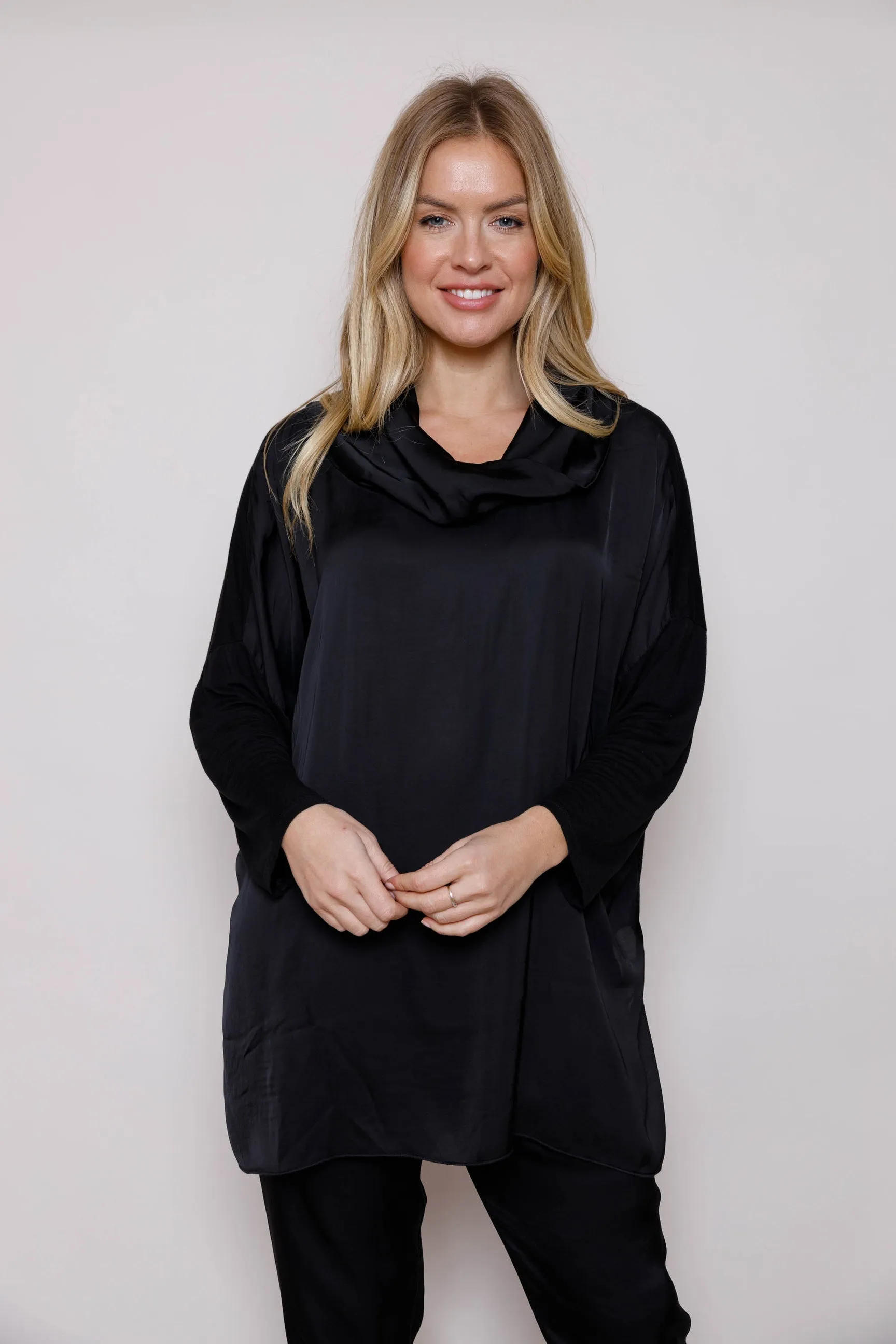 SUZY D Winny Cowl Neck Satin Top With Jersey Back