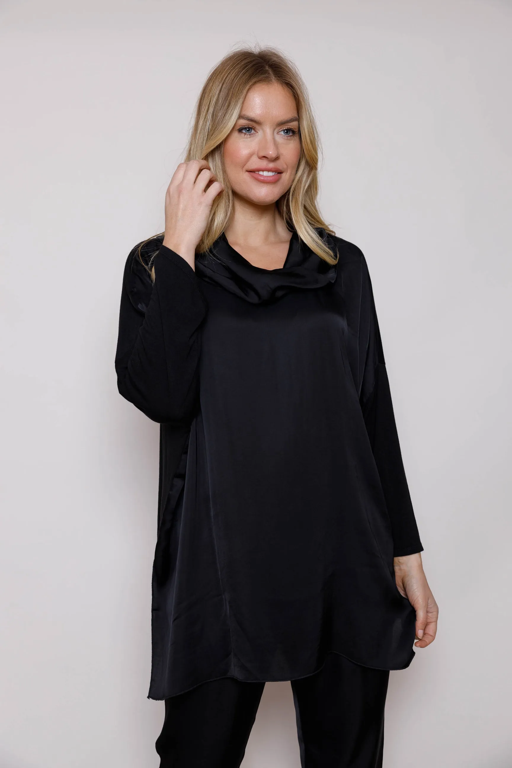 SUZY D Winny Cowl Neck Satin Top With Jersey Back