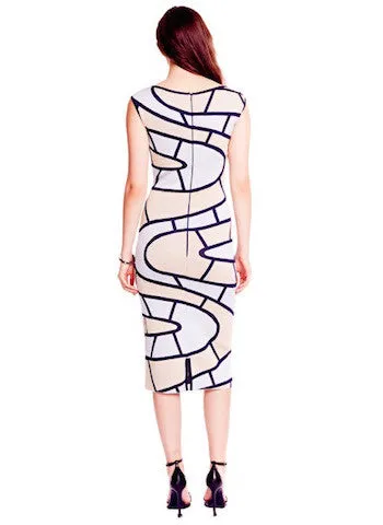 Sydney -  Abstract, Cap Sleeve Navy Blue, Beige, and White Pencil Dress