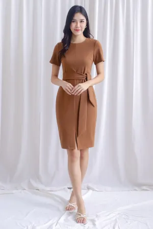 TDC Norella Sleeved Tie Waist Pencil Dress In Caramel