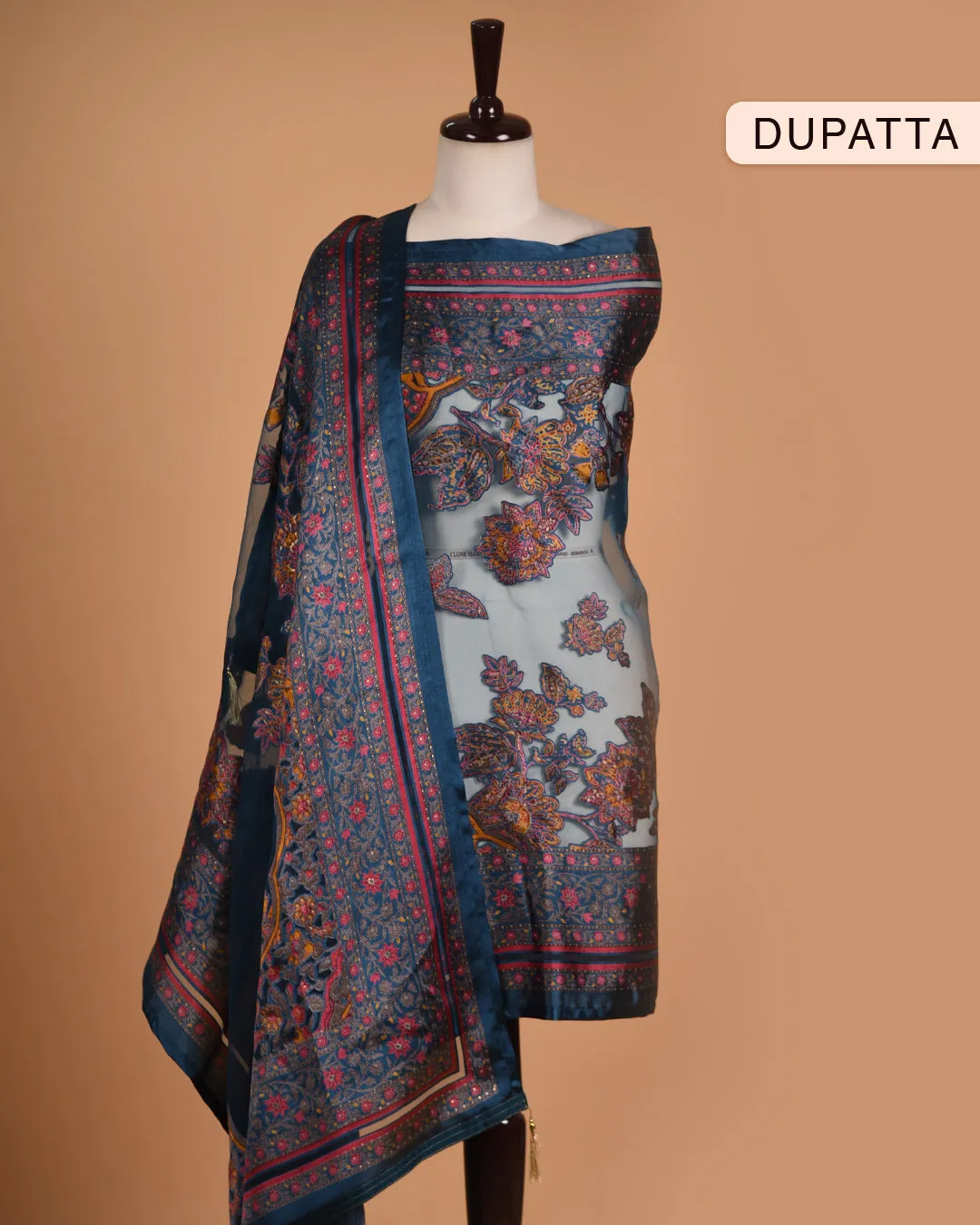 Teal Blue Chanderi Thread Embroidered Unstitched Suit Fabric Set With Organza Printed Dupatta