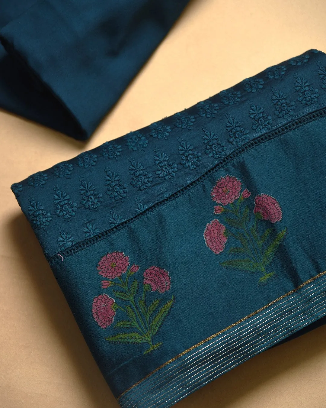 Teal Blue Chanderi Thread Embroidered Unstitched Suit Fabric Set With Organza Printed Dupatta