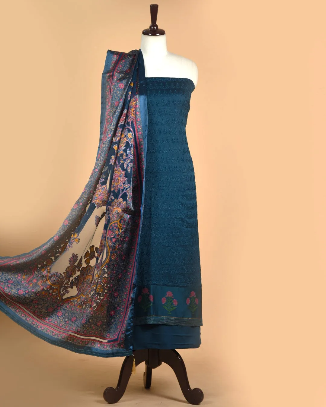 Teal Blue Chanderi Thread Embroidered Unstitched Suit Fabric Set With Organza Printed Dupatta