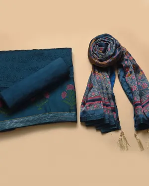 Teal Blue Chanderi Thread Embroidered Unstitched Suit Fabric Set With Organza Printed Dupatta