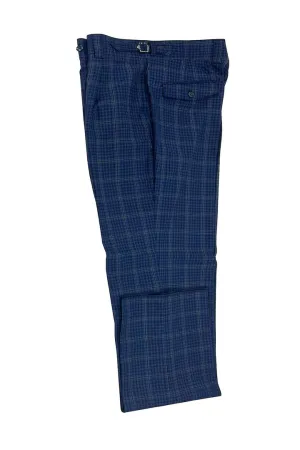 Tiglio Luxe Light Navy with Green Windowpane and Mini Check Semi-Wide Leg Wool Marbella Dress Pants TL3329