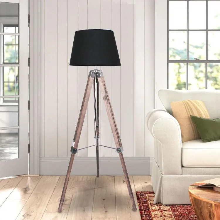 TIMBER TRIPOD FLOOR LAMP SHADE ADJUSTABLE HEIGHT LINEN TAPER FABRIC