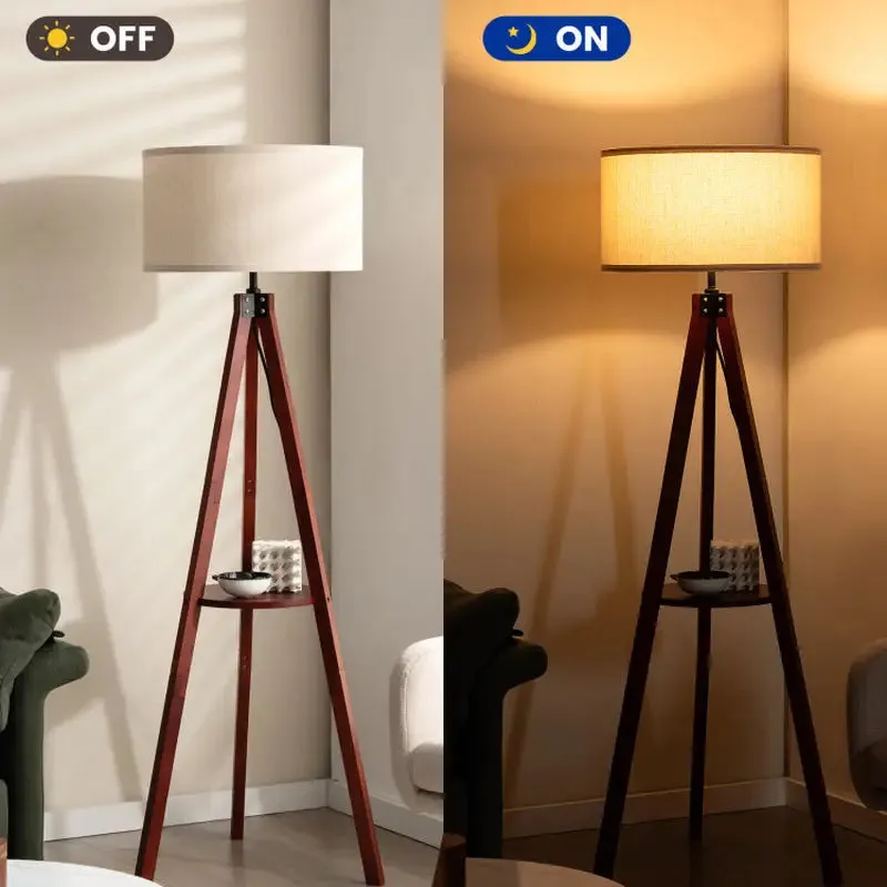 Tripod Floor Lamp with Circular Shelf and White Shade