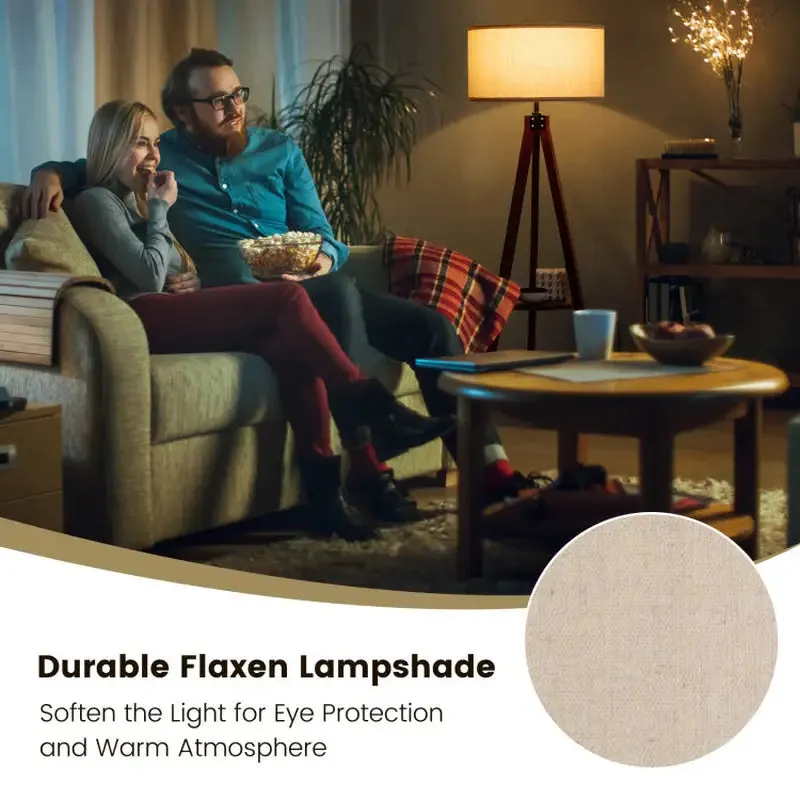 Tripod Floor Lamp with Circular Shelf and White Shade