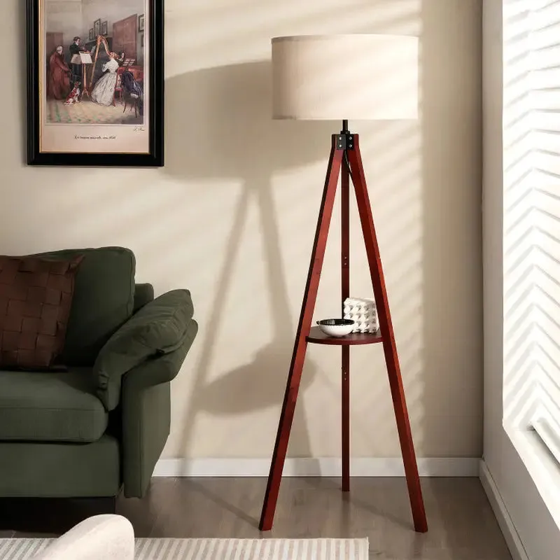 Tripod Floor Lamp with Circular Shelf and White Shade
